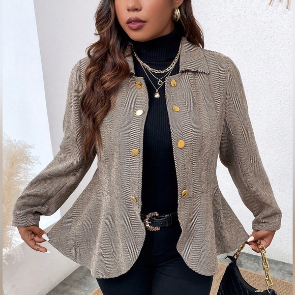 Elegant ruffle hem herringbone brown coat - Picture 6 of 7